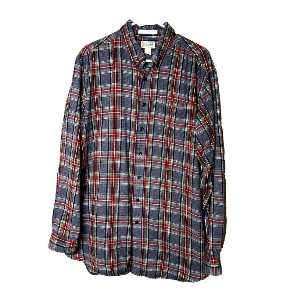 LL BEAN Gray Red Check Scotch Plaid Flannel Outdoor Button Shirt XL Tall Mens